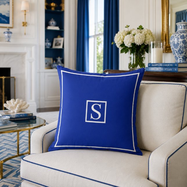 Personalized Nautical Blue Monogram Decorative Throw Pillow (Modern Blue and White Monogrammed Throw Pillow)