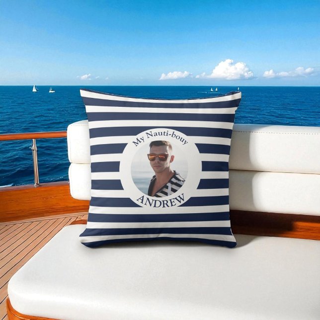 Personalized Nautical Blue Stripe Photo Pillow (Creator Uploaded)