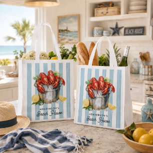 Personalized Nautical Blue Stripes Beach House Grocery Bag