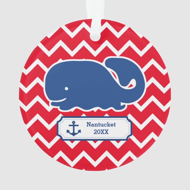 Personalized Nautical Blue Whale Anchor Chevron Ornament (Back)