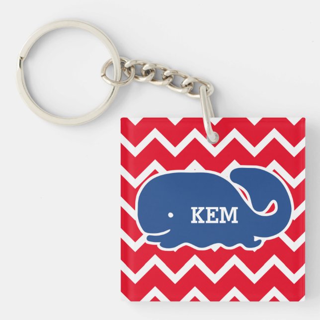 Personalized Nautical Blue Whale Chevron pattern Keychain (Front)