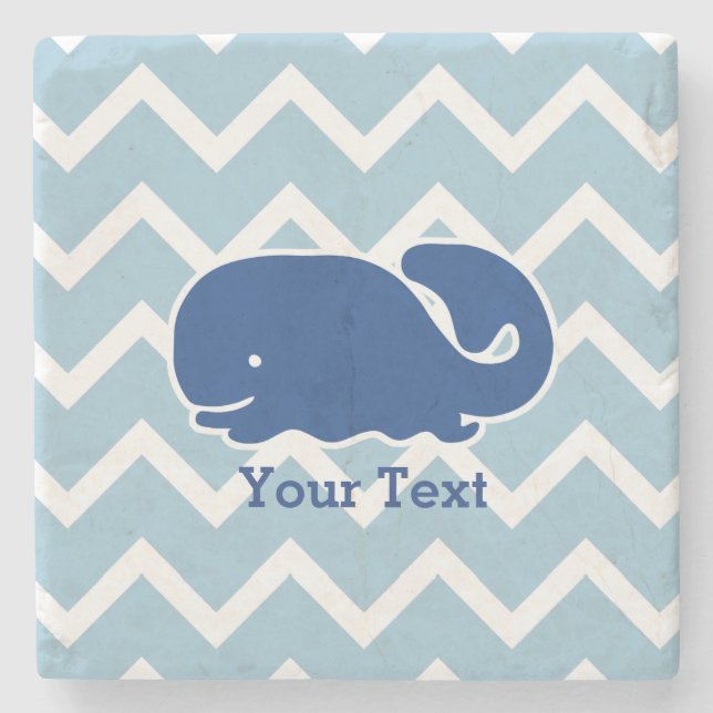 Personalized Nautical Blue Whale Chevron pattern Stone Coaster (Front)