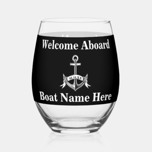 Personalized Nautical Boat Name Anchor Black White Stemless Wine Glass