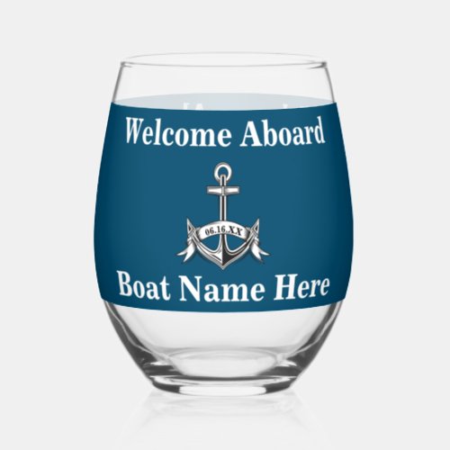 Personalized Nautical Boat Name Anchor Blue White Stemless Wine Glass