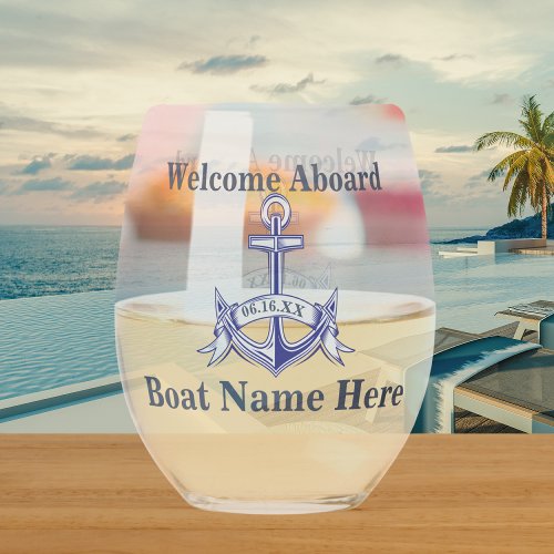 Personalized Nautical Boat Name Anchor  Navy Blue  Stemless Wine Glass