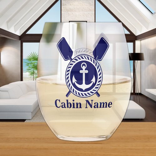 Personalized Nautical Boat Name Anchor  Navy Blue  Stemless Wine Glass