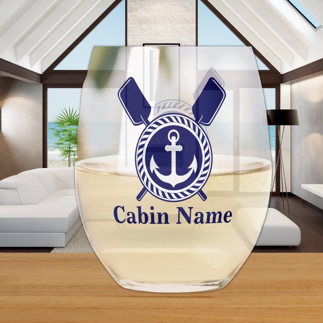 Personalized Nautical Boat Name Anchor  Navy Blue  Stemless Wine Glass (Creator Uploaded)