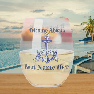 Personalized Nautical Boat Name Anchor Navy Blue Stemless Wine Glass