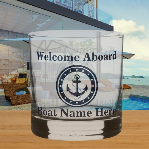 Personalized Nautical Boat Name Anchor  Navy Blue  Whiskey Glass