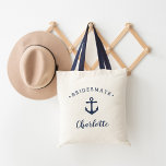 Personalized Nautical "Bridesmate" Bridesmaid Tote Bag<br><div class="desc">Cute nautical themed tote for your bridesmaids features a navy blue ship's anchor illustration with "bridesmate" curved over the top. Personalize with each bridesmaid's name in navy blue brush script lettering. Gift one to each member of your bridal party for a cute and memorable keepsake!</div>