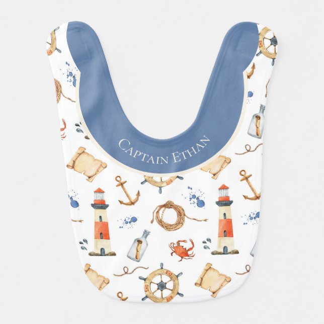 Personalized Nautical Captain Name Cute Baby Bib (Front)