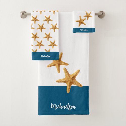 Personalized Nautical Coastal Starfish Blue_White Bath Towel Set