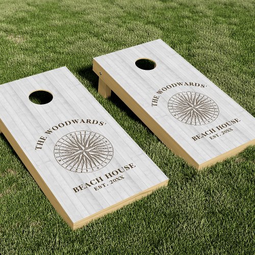 Personalized Nautical Compass White Wood Brown Cornhole Set