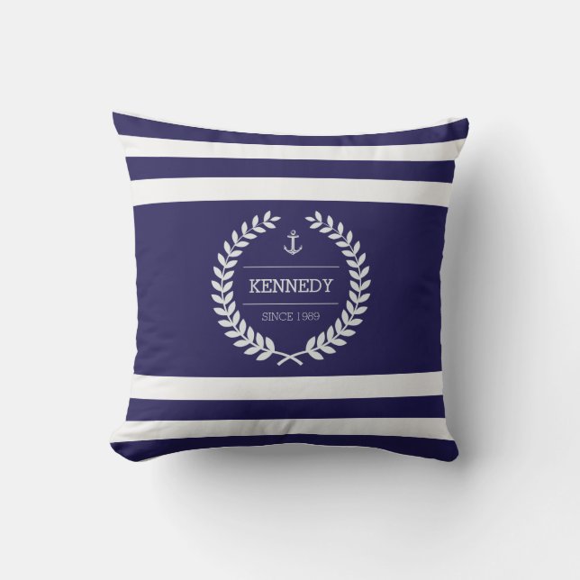 Personalized Nautical Family Crest Stripe Pattern Throw Pillow (Front)