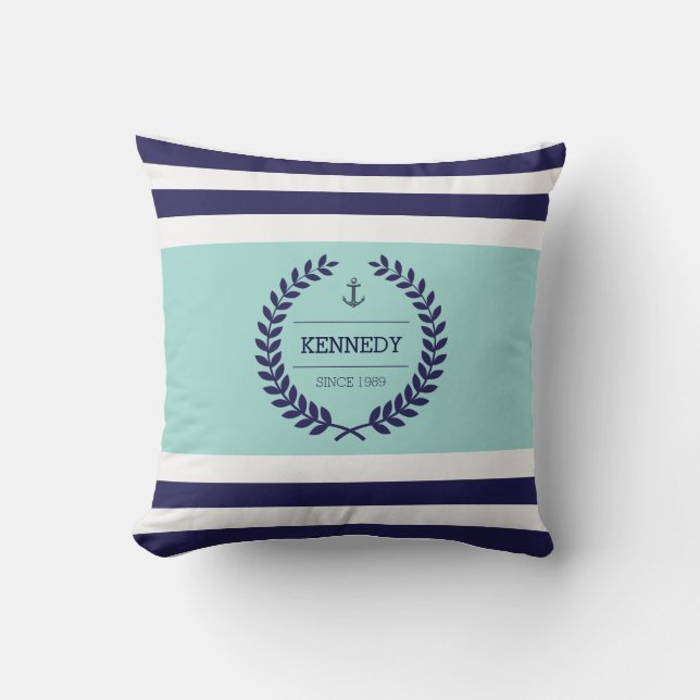 Personalized Nautical Family Crest Stripe Pattern Throw Pillow (Front)
