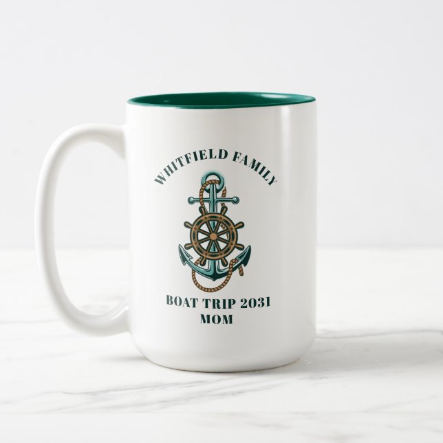 Personalized Nautical Family Reunion Boat Trip Two-Tone Coffee Mug (Left)