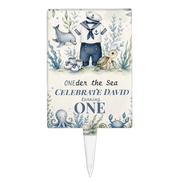 Personalized Nautical First Birthday Invitation Cake Topper (Front)