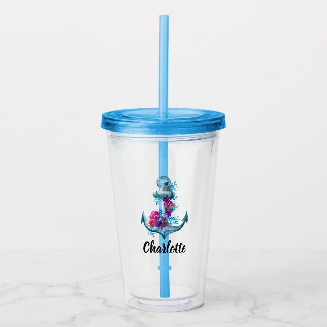 Personalized Nautical Floral Watercolor Anchor Acrylic Tumbler (Front)