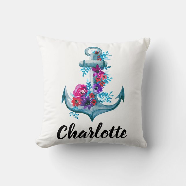 Personalized Nautical Floral Watercolor Anchor Throw Pillow (Front)