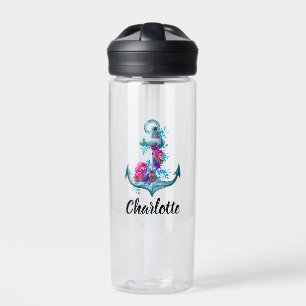 Personalized Nautical Floral Watercolor Anchor Water Bottle