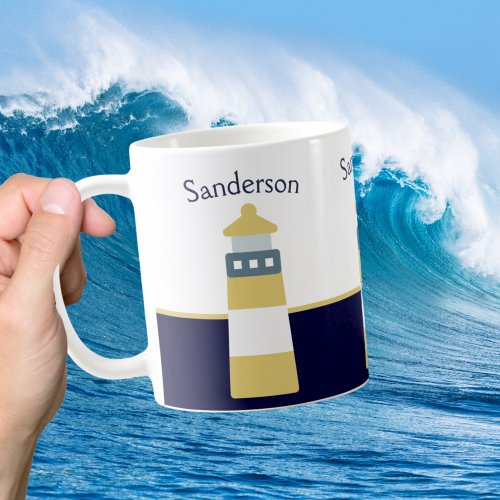 Personalized Nautical Gold Blue Lighthouse Coffee Mug