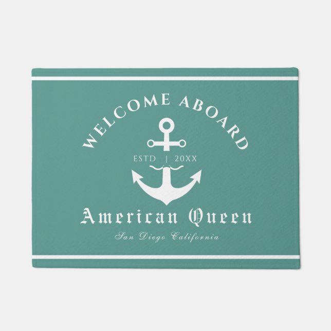 Personalized Nautical Green Welcome Aboard  Doormat (Front)