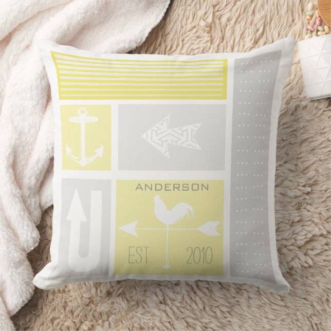 Personalized Nautical Grey Yellow Color Block Throw Pillow (Blanket)