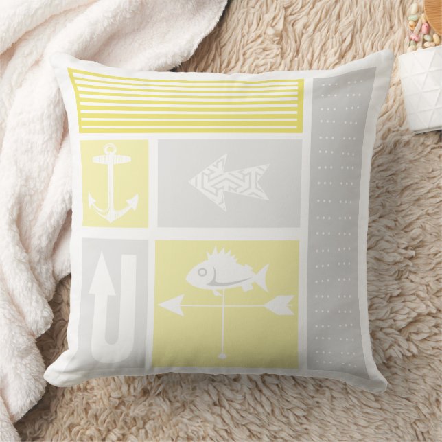 Personalized Nautical Grey Yellow Color Block Throw Pillow (Blanket)
