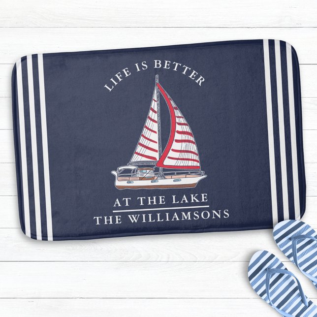 Personalized Nautical Lake House Navy Blue White Bath Mat (Creator Uploaded)