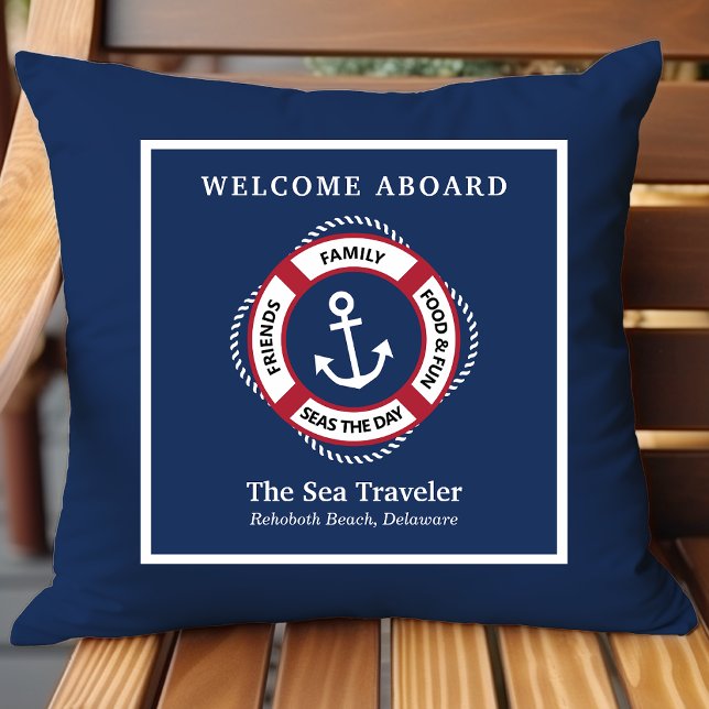 Personalized Nautical Life Preserver Boat Name Throw Pillow (Creator Uploaded)