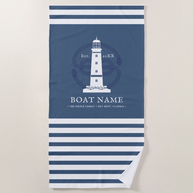 Personalized Nautical lighthouse Boat Name  Beach Towel (Front)