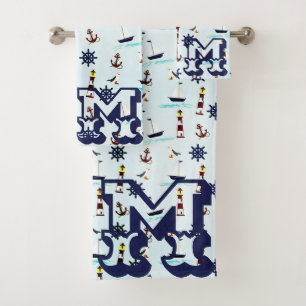 Personalized Nautical Lighthouse Sailboat Pattern Bath Towel Set