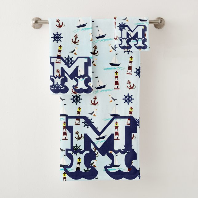 Personalized Nautical Lighthouse Sailboat Pattern Bath Towel Set (Insitu)