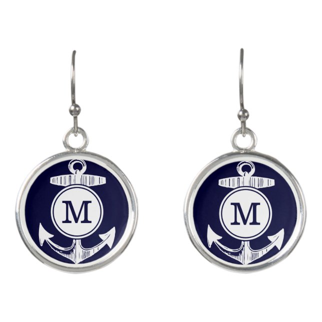 Personalized Nautical Navy Anchor Custom Earrings (Front)