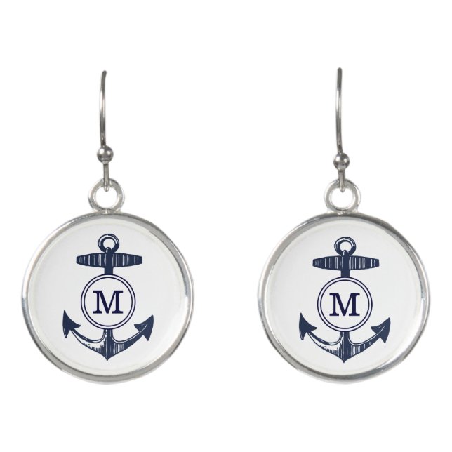 Personalized Nautical Navy Anchor Custom Earrings (Front)