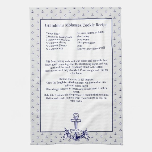 Personalized Nautical Navy  Anchor Recipe keepsake Kitchen Towel (Vertical)