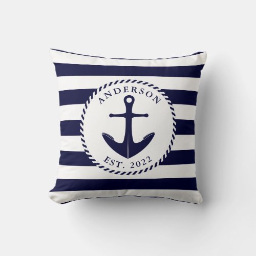 Personalized Nautical Navy Blue Anchor and Rope Throw Pillow