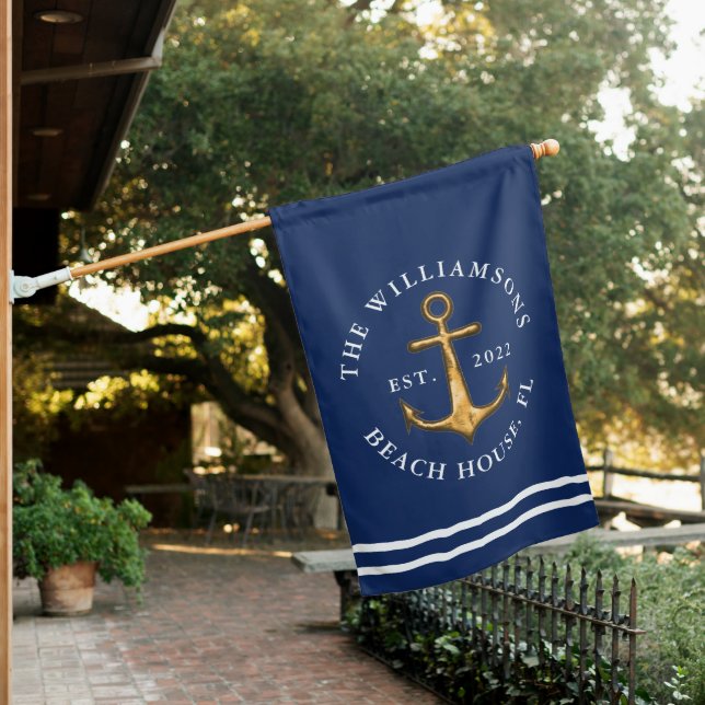 Personalized Nautical Navy Blue and Gold Anchor House Flag (In SItu)