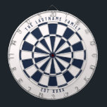 Personalized Nautical Navy Blue and White Dart Board<br><div class="desc">Nautical navy blue and white dartboard with your own custom text on the top and bottom. With a twist on the classic style dartboard,  this fun game board features an off-white and navy blue color scheme to work well with many home decor styles for a modern twist.</div>