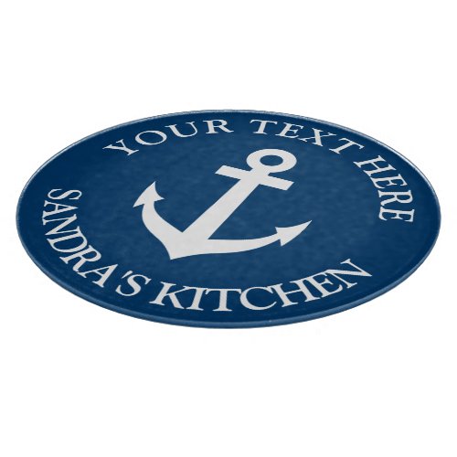 Personalized nautical navy blue boat anchor icon cutting board