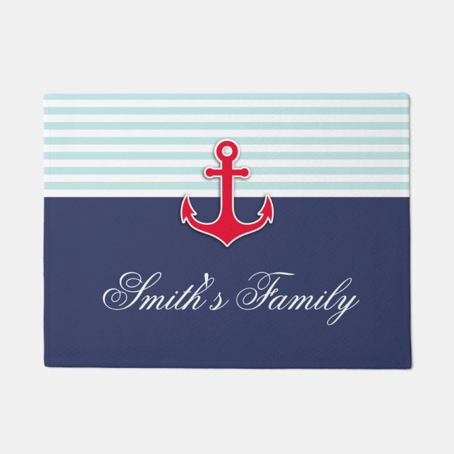 Personalized Nautical Navy Blue Design Family Name Doormat (Front)