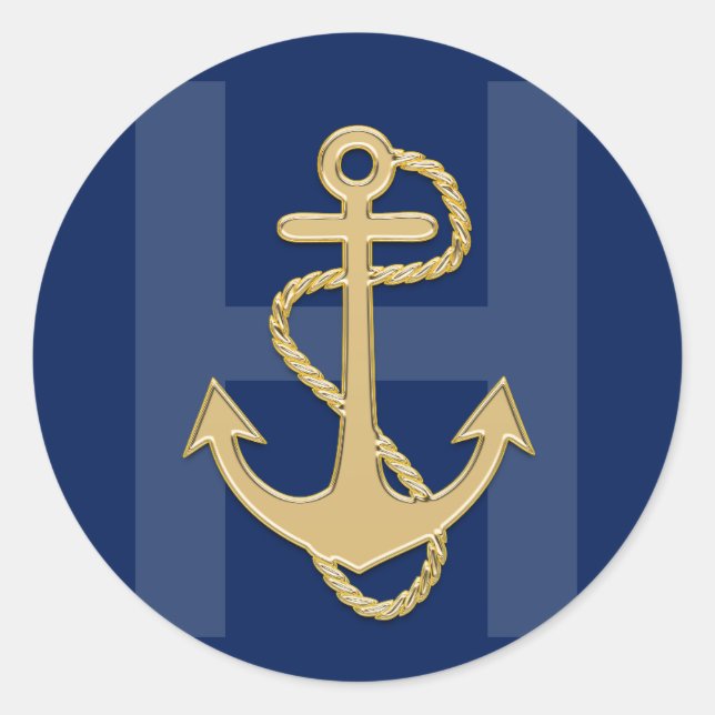 Personalized Nautical Navy Blue Gold MONOGRAM Classic Round Sticker (Front)