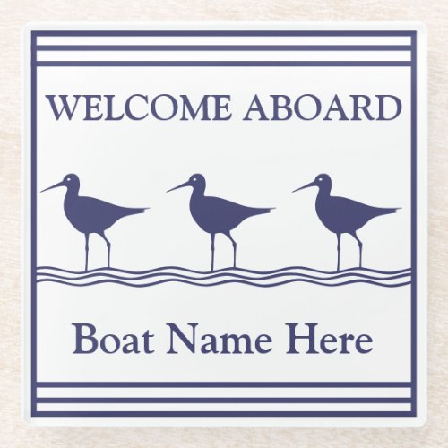 Personalized Nautical Navy Blue SEABIRDS Boat Name Glass Coaster