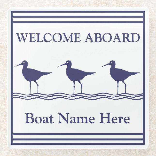 Personalized Nautical Navy Blue SEABIRDS Boat Name Glass Coaster (Front)