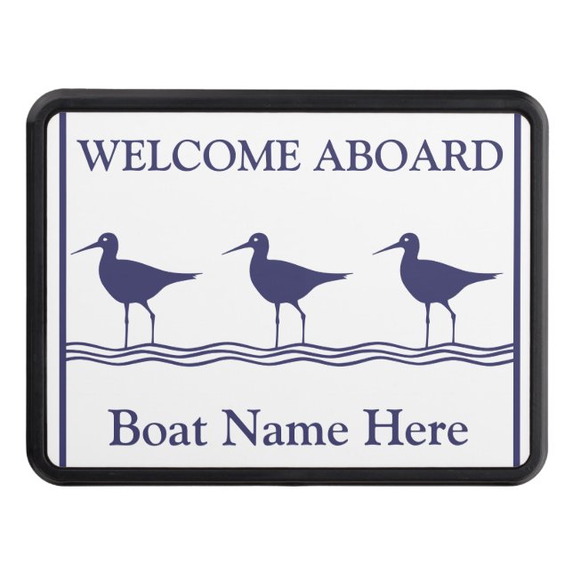 Personalized Nautical Navy Blue SEABIRDS Boat Name Hitch Cover (Front)