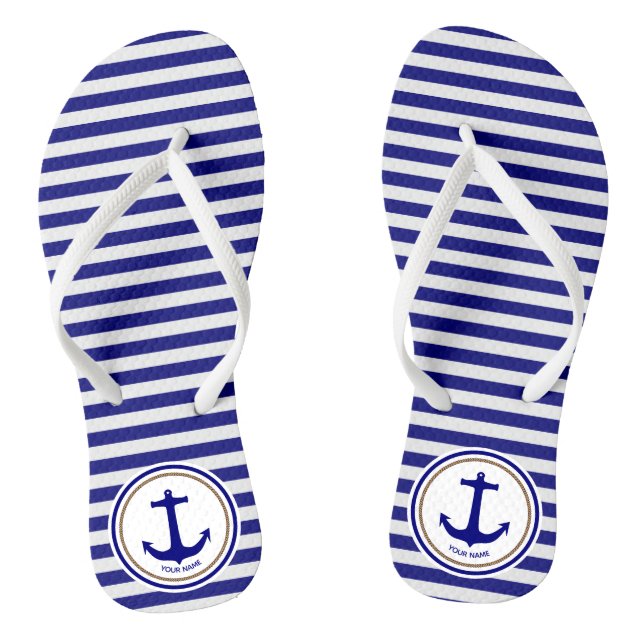 Personalized Nautical Navy Blue Stripes and Anchor Flip Flops (Footbed)