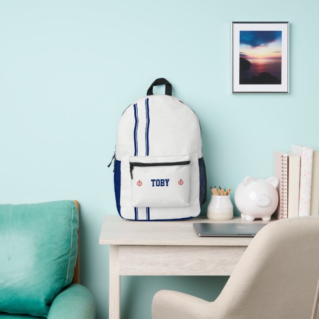 Personalized Nautical Navy Blue Stripes Printed Backpack (Insitu)