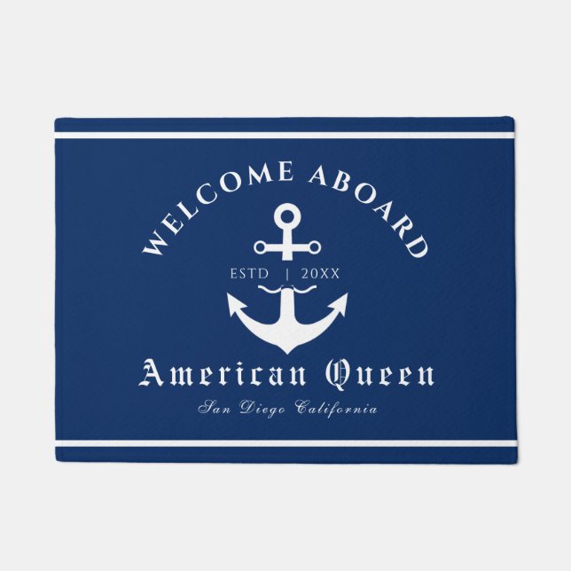 Personalized Nautical Navy Blue Welcome Aboard  Doormat (Front)