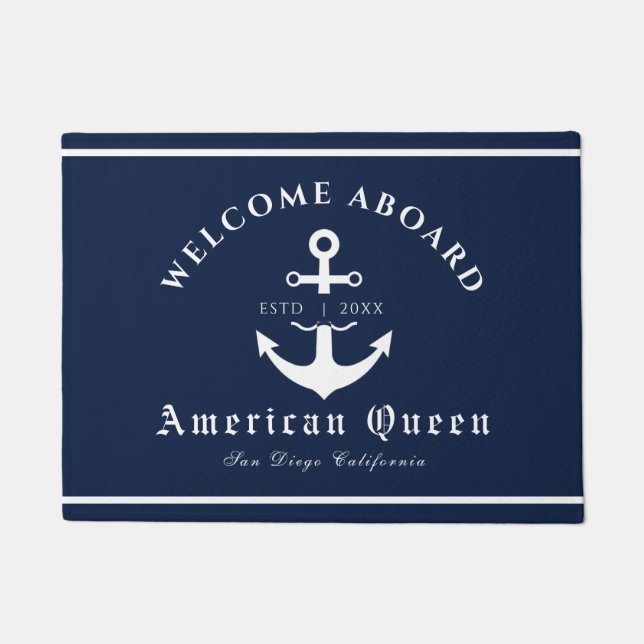 Personalized Nautical Navy Blue Welcome Aboard  Doormat (Front)
