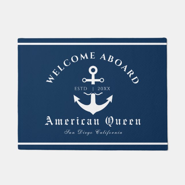 Personalized Nautical Navy Blue Welcome Aboard  Doormat (Front)